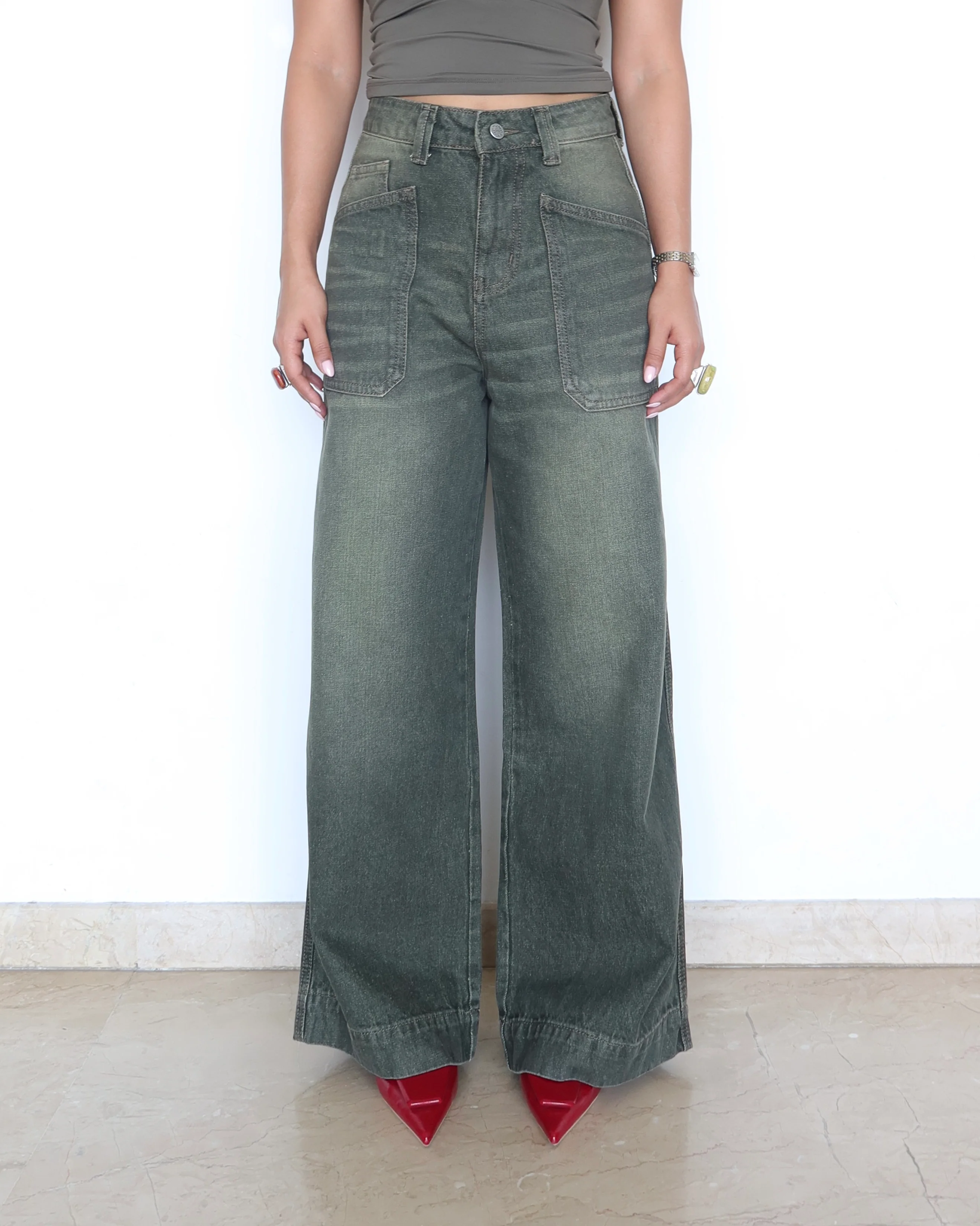 Olive Edit Baggy Wide Leg Jeans - Image 4