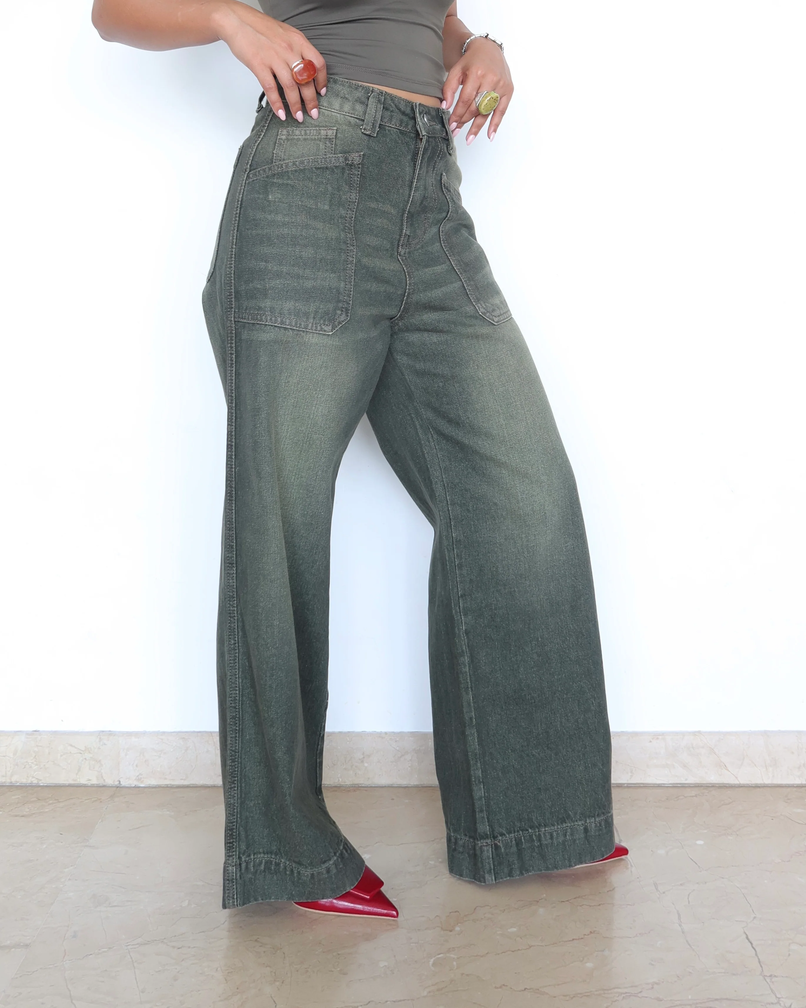 Olive Edit Baggy Wide Leg Jeans - Image 5